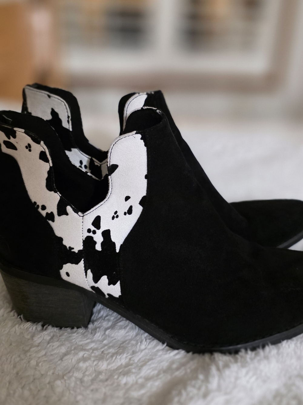 Black and White Cow-Print Suede Ankle Booties - Women's Fashion Boots